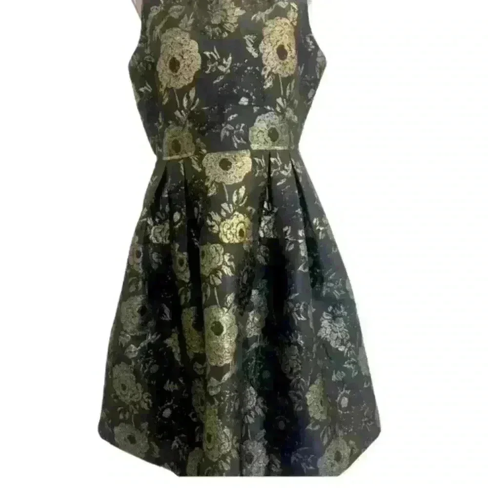 Ann Taylor Factory Black Gold Foil Floral Sleeveless Dress Fit & Flare - Picture 14 of 16